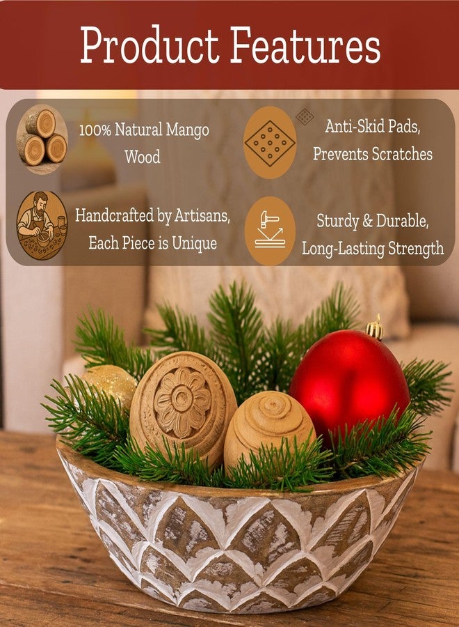 Mie Creations 10'' Decorative Wooden Bowl, Wood Serving Bowl for Fruits, Salad, Desserts, Snacks, Popcorn, Kitchen Counter | Rustic Table Centerpiece Thanksgiving Christmas Decor- 10x3 inch Whitewash - Image 2